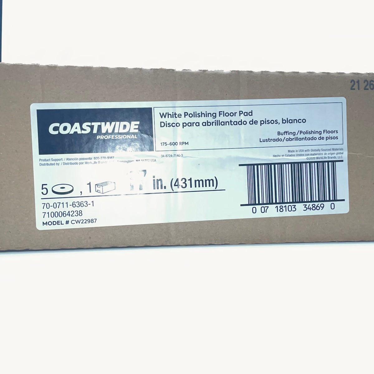 Coastwide Professional™ 17" Polishing Floor Pad, White, 5/Carton