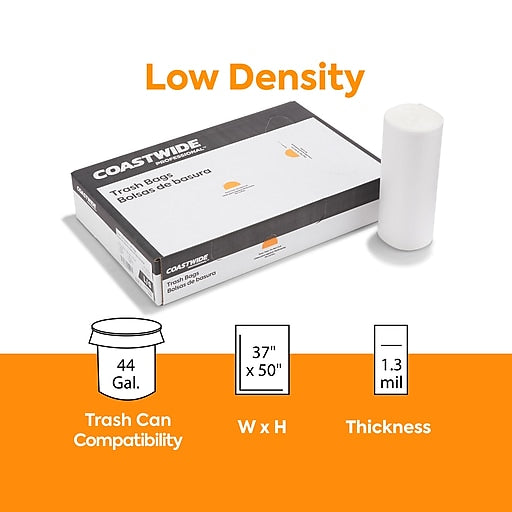 Coastwide Professional™ AccuFit 44 Gal. Trash Bags, Low Density, 1.3 Mil, Clear, 20 Bags/Roll, 5 Rolls