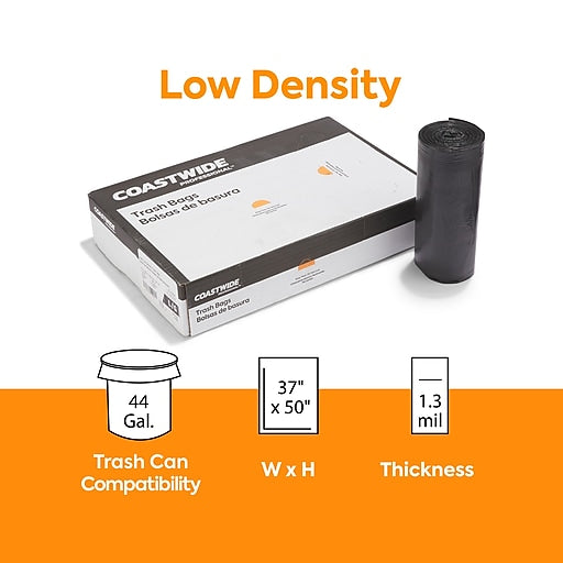 Coastwide Professional™ AccuFit 44 Gal. Trash Bags, Low Density, 1.3 Mil, Black, 20 Bags/Roll, 5 Rolls