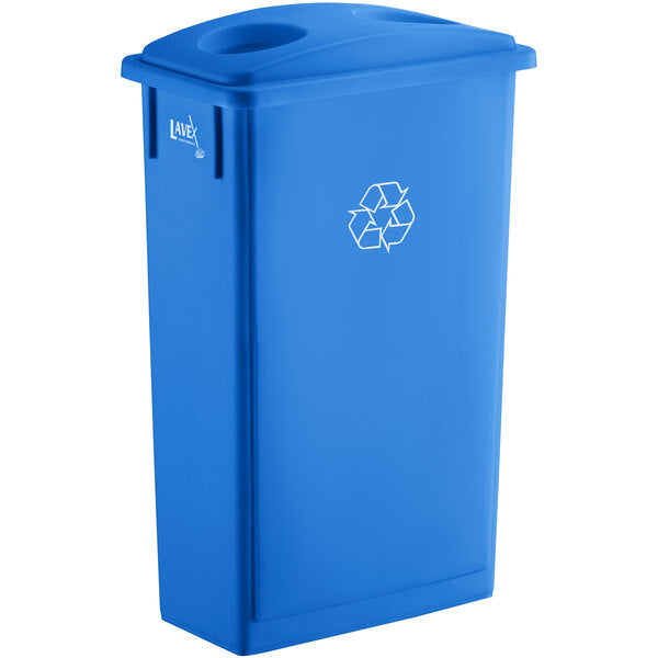Lavex Janitorial 23 Gallon Blue Slim Rectangular Recycling Can and Blue Lid with Holes