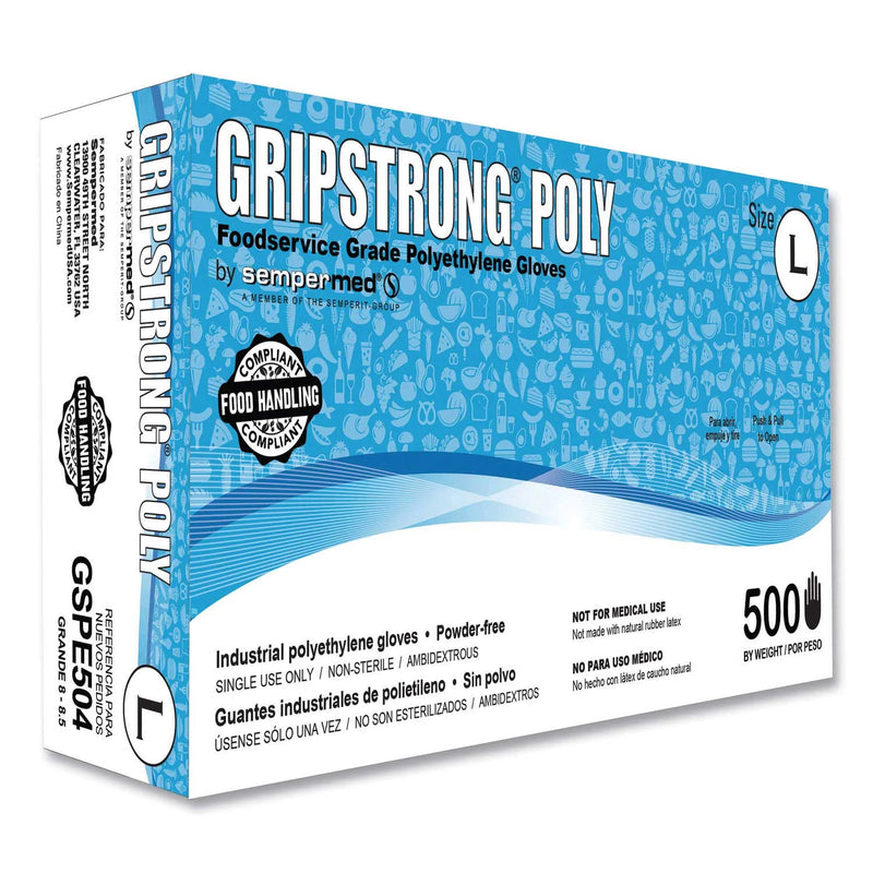 GripStrong Poly Foodservice Grade Polyethylene Gloves, Clear, Large, Polyethylene, 500/Box, 20 Boxes