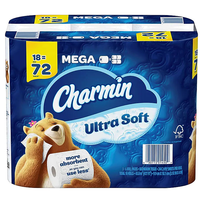 Charmin Ultra Soft Toilet Paper Mega Roll, 244 Sheets Per Roll, 18 Count