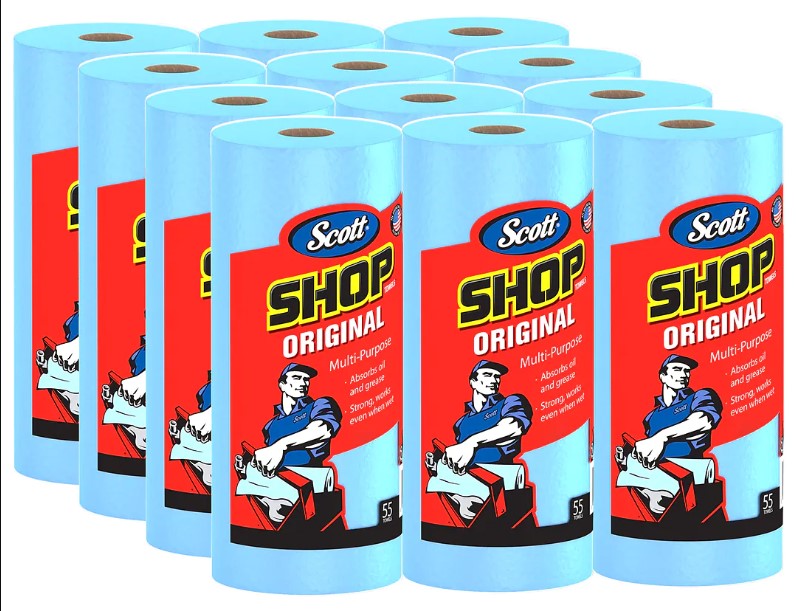 Scott Shop Original Paper Wipers, Blue, 55 sheets/Roll, 12 Rolls/Carton