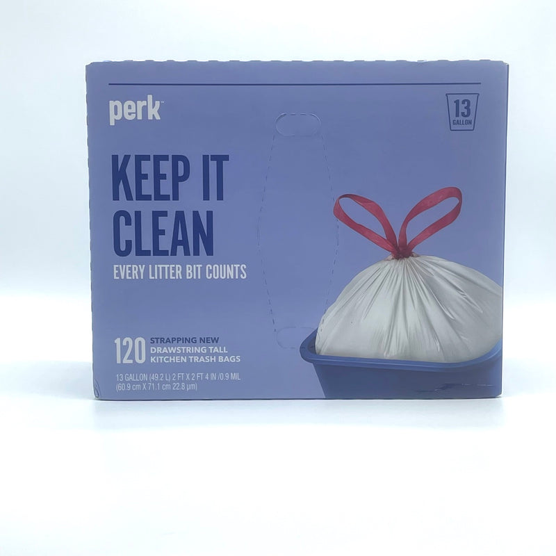 Perk™ 13 Gallon Drawstring Kitchen Trash Bag, 0.9 Mil, White, 120 Bags/Box