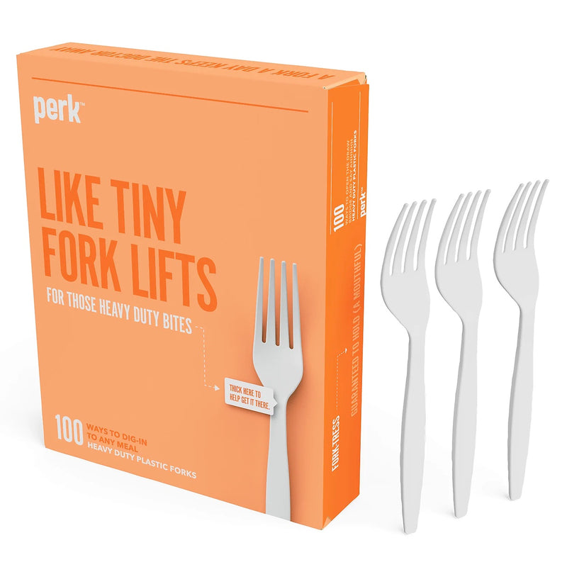 Perk Polystyrene Forks, Heavy-Weight, White, 100/pack