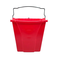 Rubbermaid 18 Quart Dirty Water Insert in red plastic with black metal handle on display on a white background.