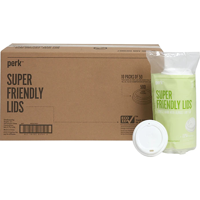 Perk™ Compostable Plastic Hot Cup Lid, 10/12/16 Oz., White, 500/Carton