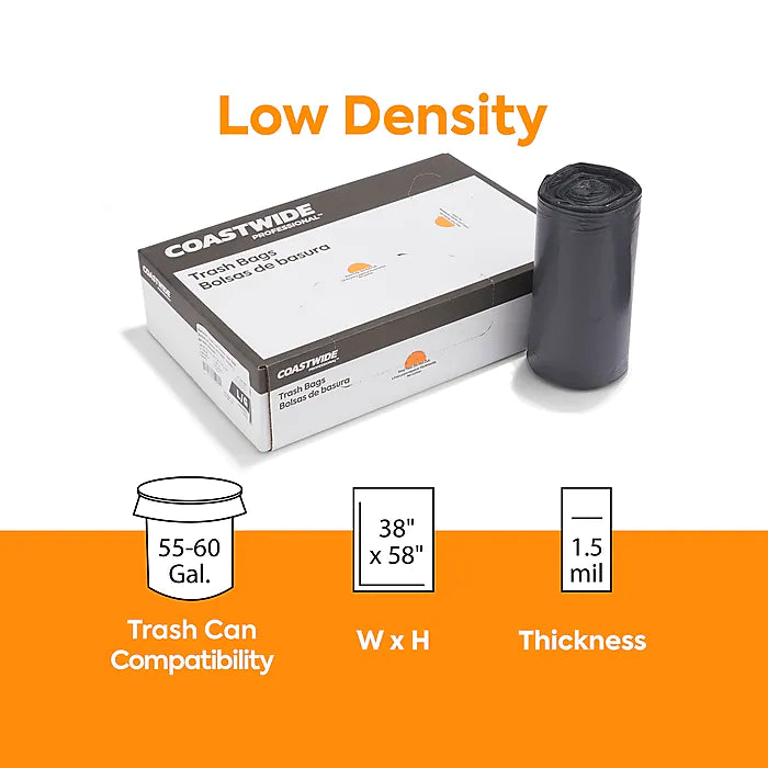 Coastwide Professional™ 55-60 Gal. Reprocessed Resin Trash Bags, Low Density, 1.5 Mil, Black, 20 Bags/Roll, 5 Rolls