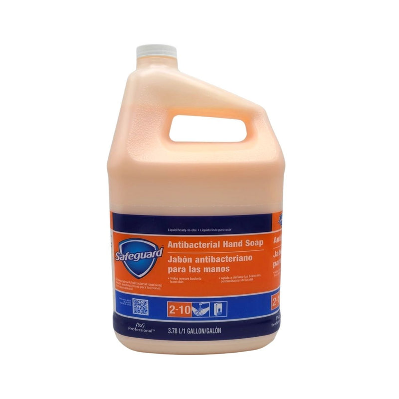 Safeguard Antibacterial Hand Soap - orange soap in a clear plastic container, on display on a white background.